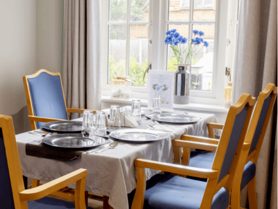 Dining table set with plates and flowers