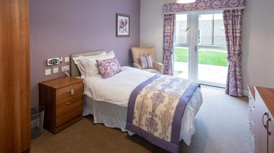 Cozy bedroom with purple decor and natural light