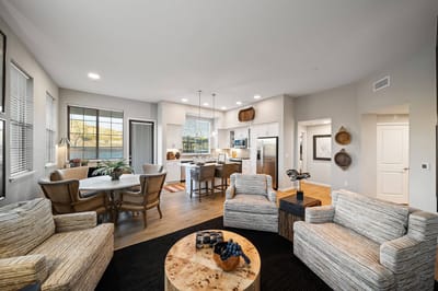 Bright, inviting common area with seating and dining space