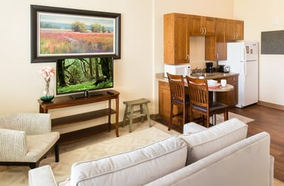 Cozy interior of a resident's apartment with kitchenette.