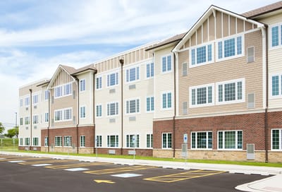 Exterior view of a modern assisted living facility