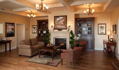 Cozy common area with seating and fireplace.