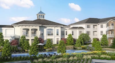 Exterior view of The Sheridan at Eastside with gardens.