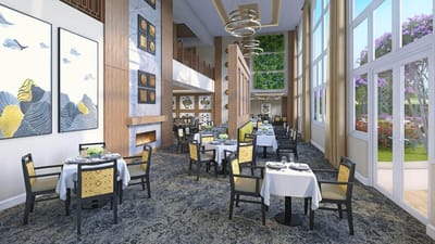 Elegant dining area with tables set for meals.