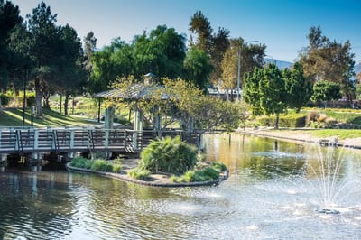 Serene park with a gazebo and pond