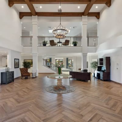 Spacious lobby area with comfortable seating