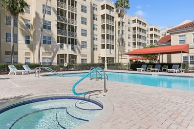 Outdoor pool area of a senior living facility