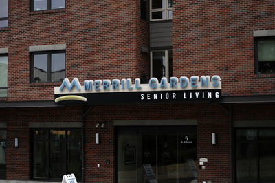 Building facade with facility logo