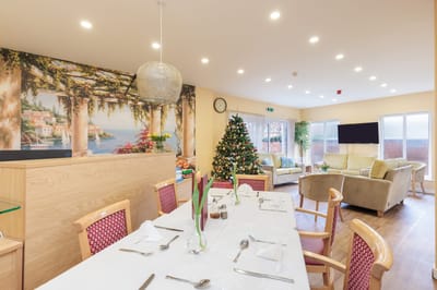 Bright dining area decorated for the holidays
