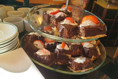 Delicious chocolate dessert with strawberries on top
