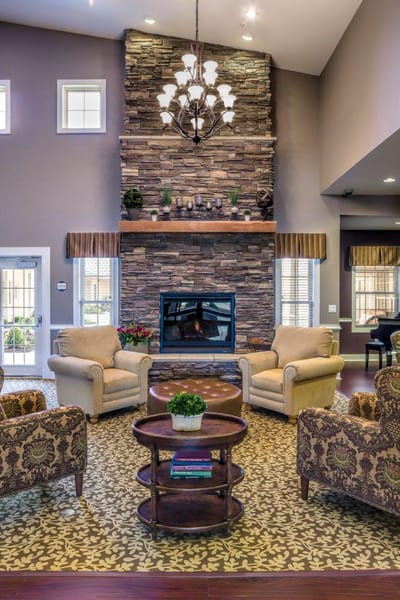 Cozy common area with fireplace and seating