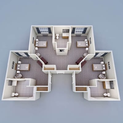 Architectural floor plan of shared resident units