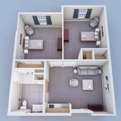 Aerial view of a two-bedroom floor plan layout
