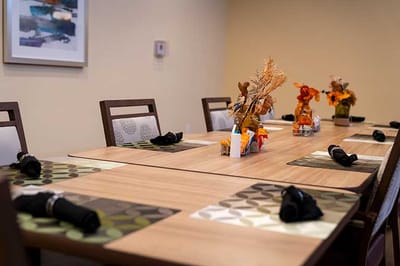 Dining room set with decorative centerpieces