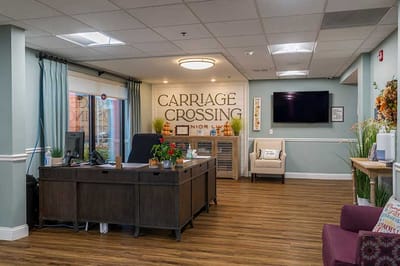 Reception area with desk and welcoming decor