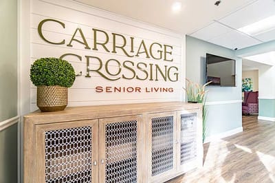 Interior view of the reception area with signage
