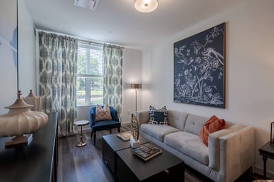 Stylish common area with comfortable furniture and decor