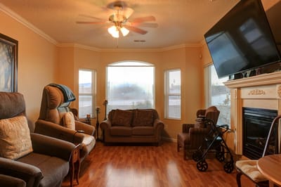 Cozy common area with seating and a fireplace