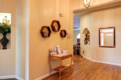 Interior view of a lobby area with decor and seating