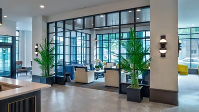 Interior view of a modern common area with seating