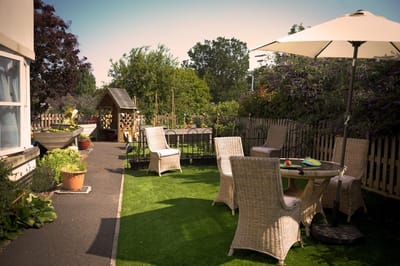 Outdoor seating area with plants and shade