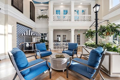 Bright common area with seating and decor