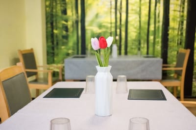 Dining room table set with flowers and placemats