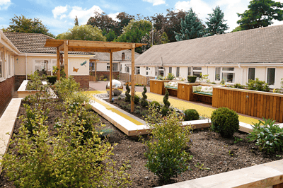 Serene outdoor garden space with seating