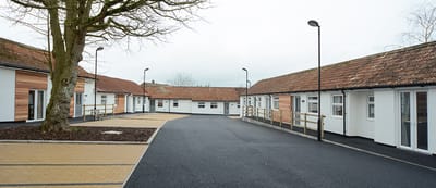 Outdoor view of a senior living facility with cottages