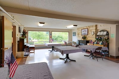 Common area with tables and decorations