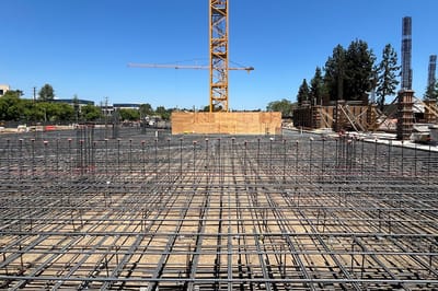Construction site with steel rebar framework