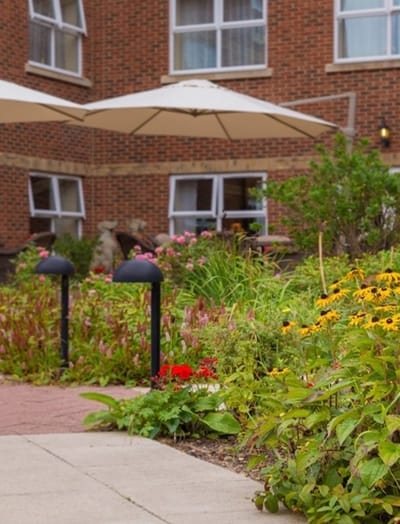 Beautiful garden area with flowers and seating