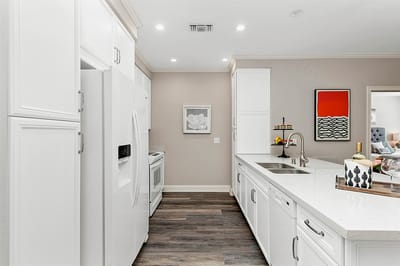 Modern kitchen interior with white cabinets and counter
