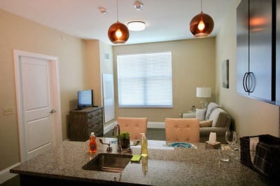 Interior view of a resident room with modern amenities