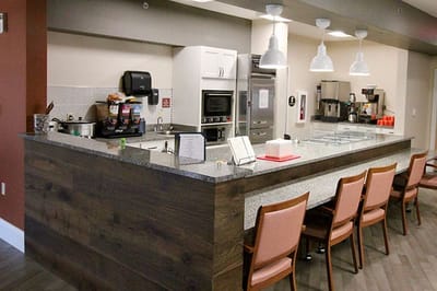 Interior view of a dining area with seating