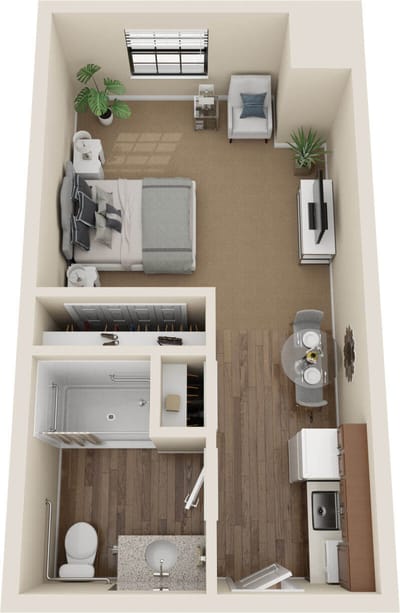 Floor plan of a private resident room with kitchenette