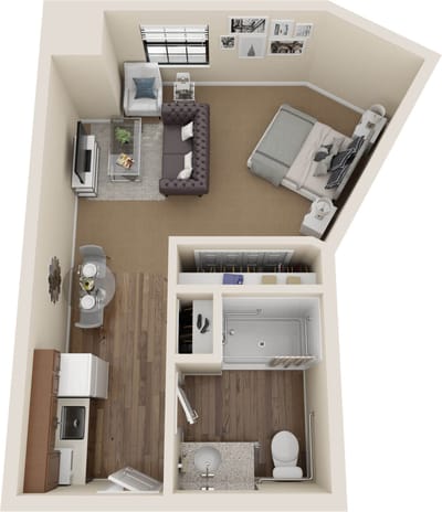 Aerial view of a spacious resident room layout