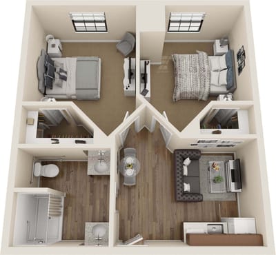 Aerial view of a two-bedroom floor plan layout