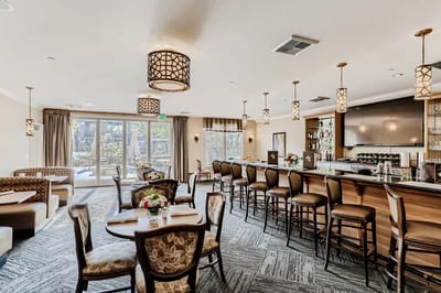 Interior view of a stylish common area in a senior living facility