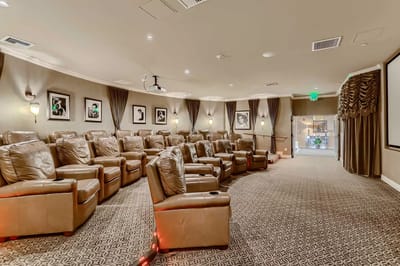 Cozy movie theater with reclining seats and decor