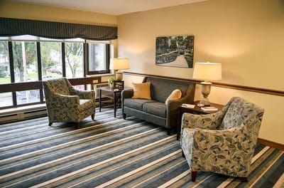 Bright and inviting common area with seating