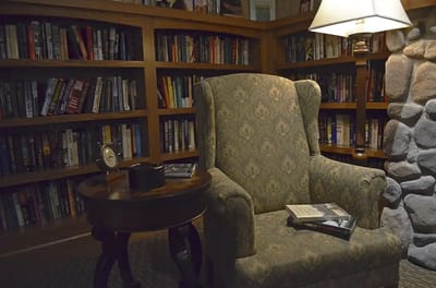 Cozy reading corner with armchair and bookshelf
