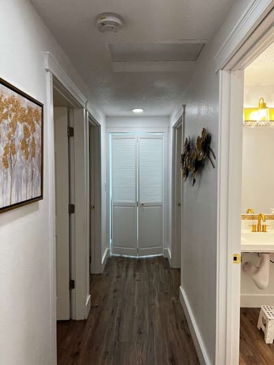 Well-lit hallway in an assisted living facility