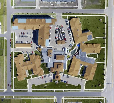 Aerial view of a large senior living campus layout