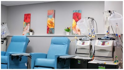 Interior of a care facility with medical chairs and decorations