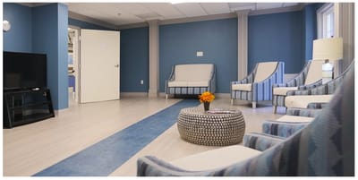 Bright common area with comfortable seating.