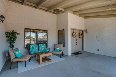Welcoming entrance with seating and decorations