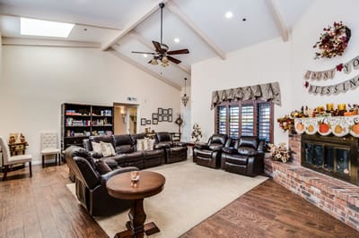 Interior view of a cozy common area with seating