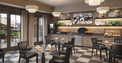 Bright dining area with tables and food displays