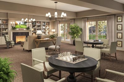 Bright common area with chess and seating